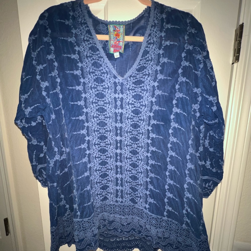 Johnny Was Large Blue Embroidered Top Long Sleeve